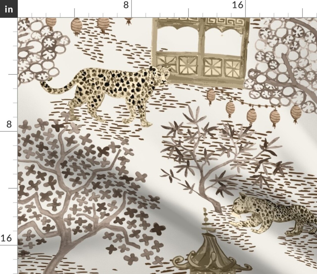 Chinoiserie Pagoda Leopard Print Watercolor Neutral Brown Cream Large Scale Custom Printed Fabric by Spoonflower Various Fabrics by the Yard or Fat Quarter